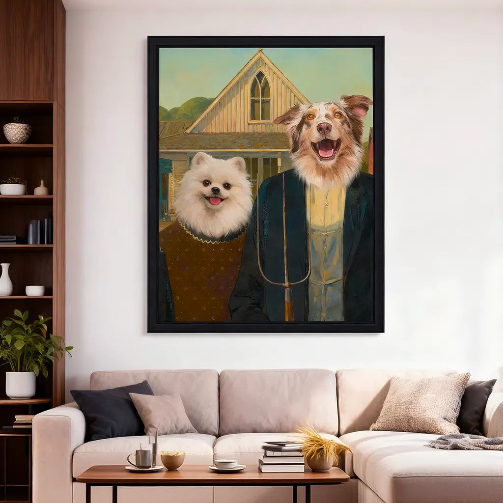 Framed dog American Gothic portrait modern living room wall decor by Tailprints