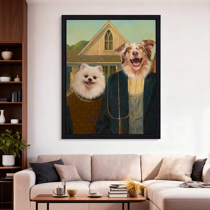 Framed dog American Gothic portrait modern living room wall decor by Tailprints