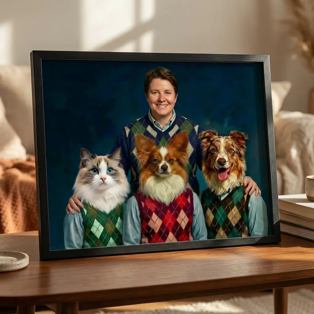Custom Framed Pet and Human Retro Portrait on Living Room Table by Tailprints