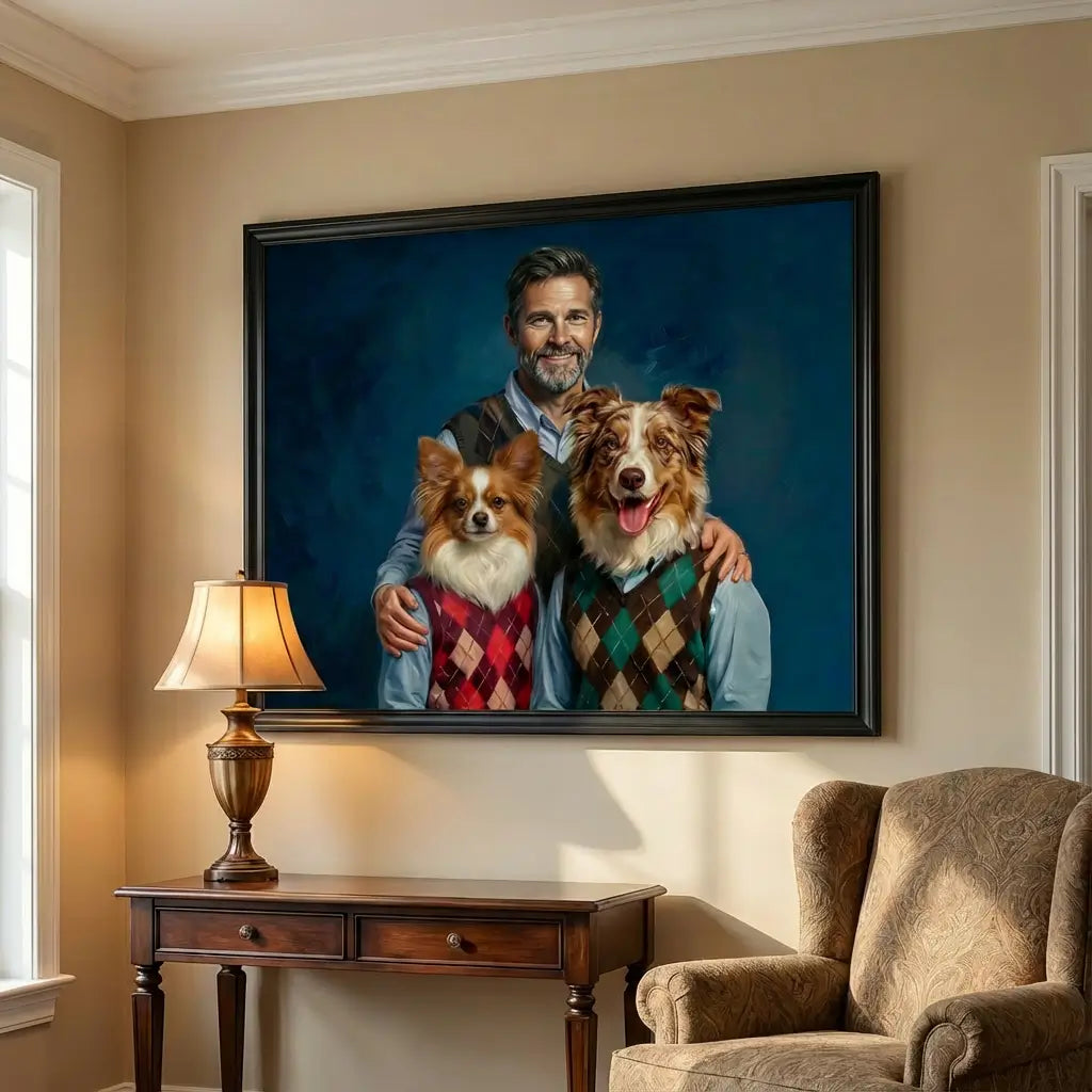 Framed custom dog owner wall art for living room decor by Tailprints