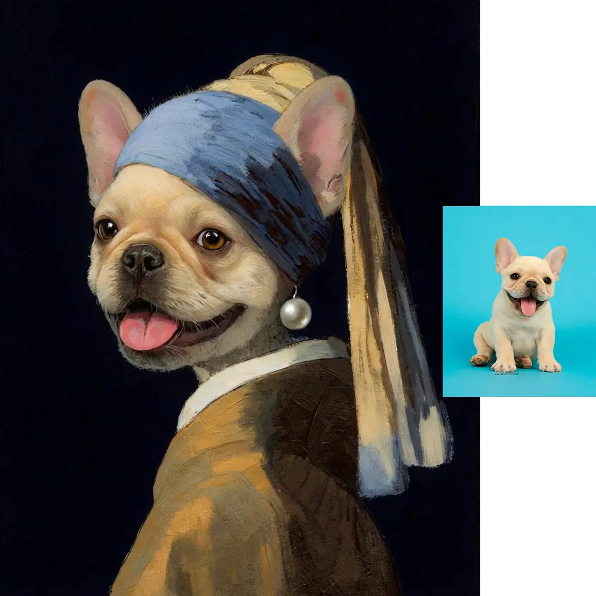 Custom French Bulldog pearl earring parody pet art by Tailprints