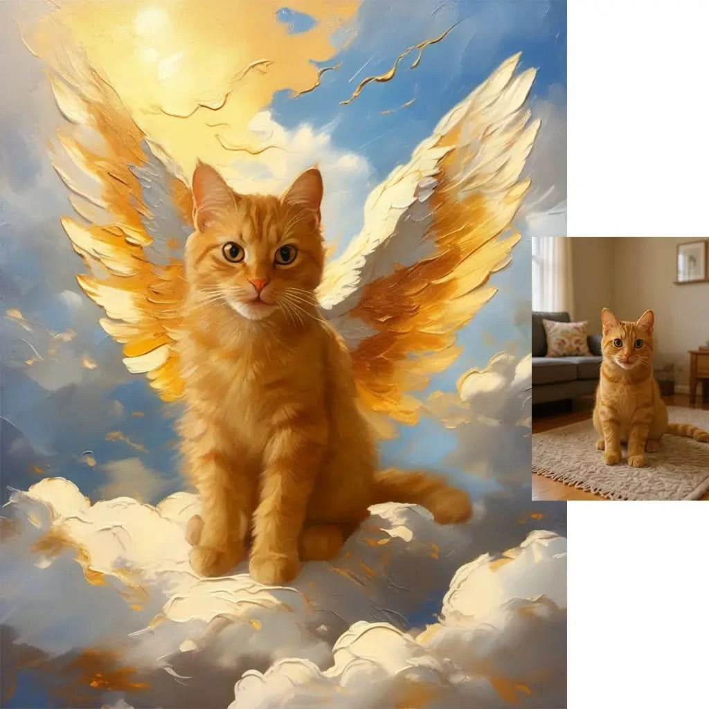 Personalized ginger cat angel wings heaven clouds memorial art by Tailprints