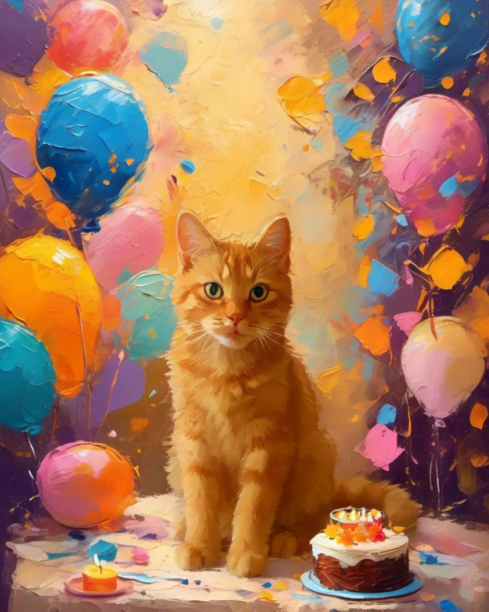 Custom Ginger Cat Birthday Celebration Art with Cake by Tailprints