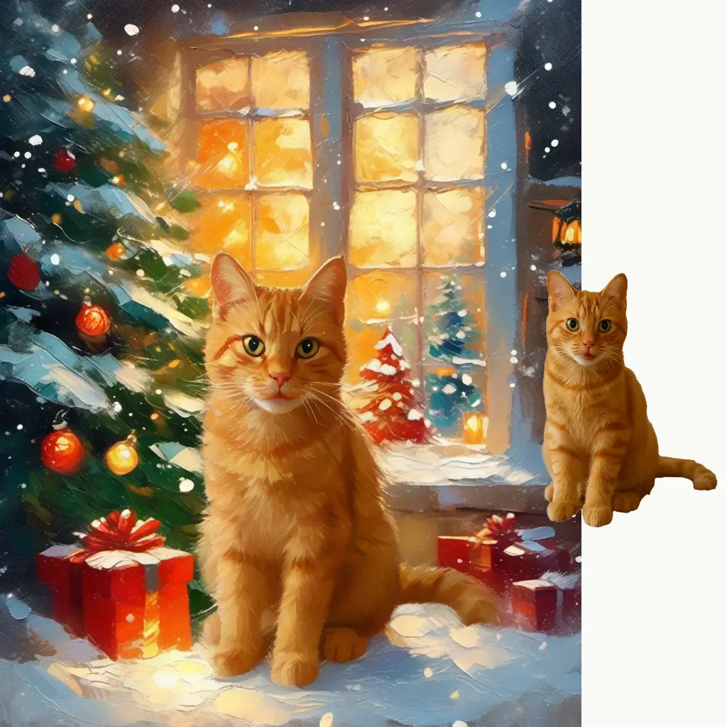Personalized ginger cat Christmas tree snowy window pet art by Tailprints