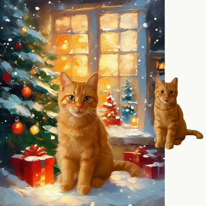 Personalized ginger cat Christmas tree snowy window pet art by Tailprints