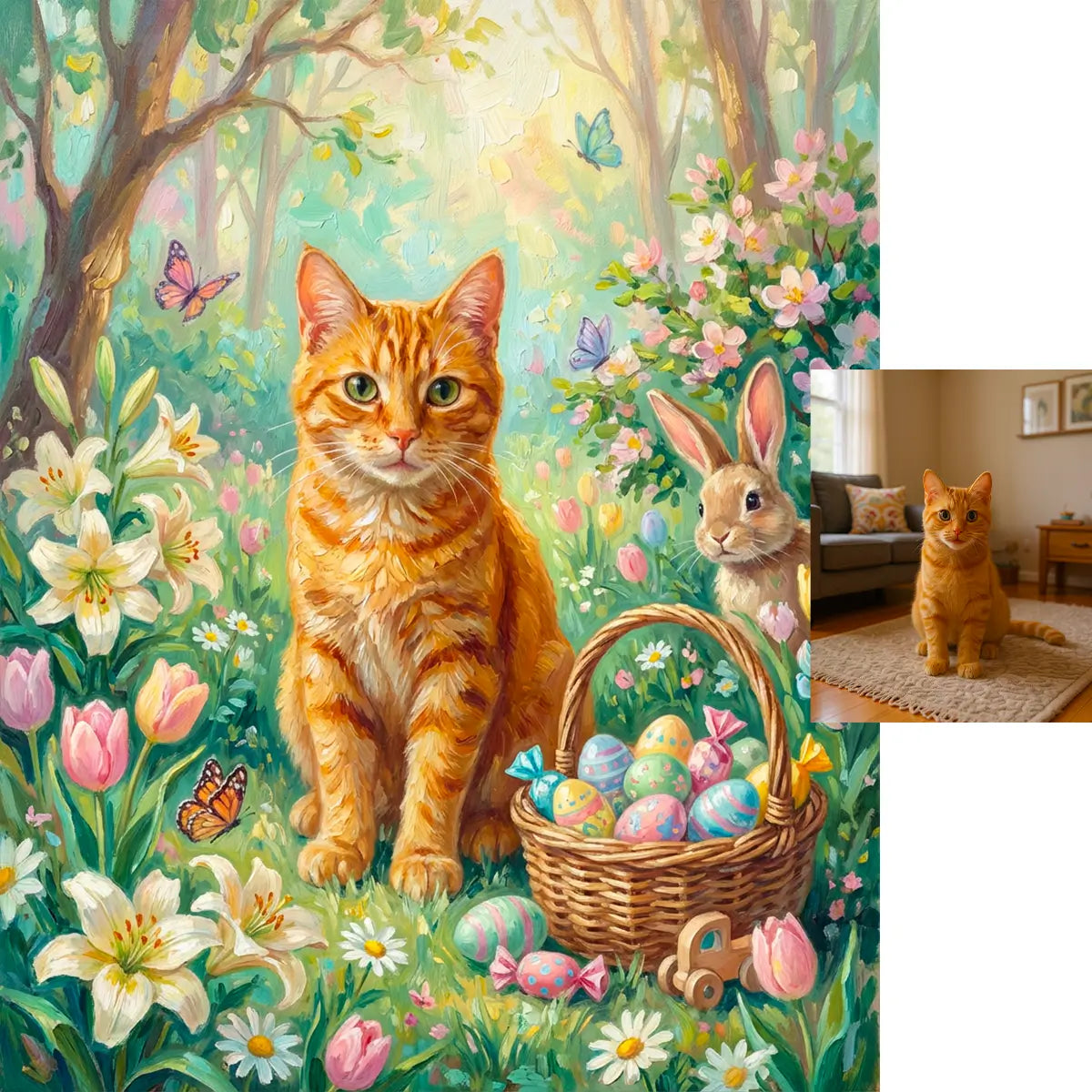 Custom Ginger Cat Easter Portrait Personalized Spring Pet Art with Bunny by Tailprints