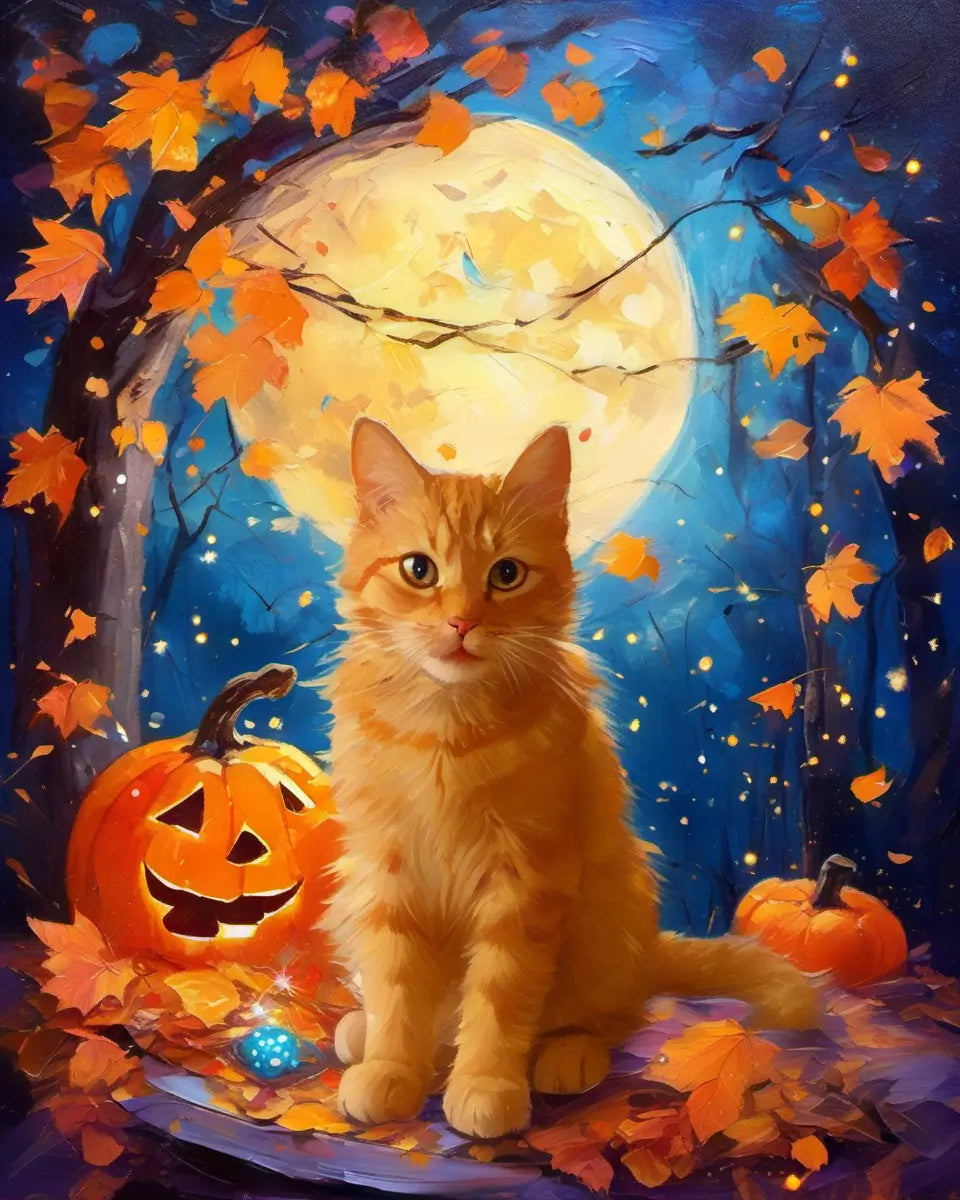 Custom Ginger Cat Halloween Moon & Pumpkin Art by Tailprints