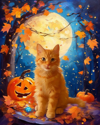 Custom Ginger Cat Halloween Moon & Pumpkin Art by Tailprints