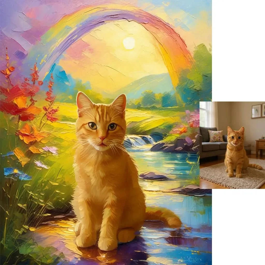 Personalized ginger cat rainbow bridge floral tribute memorial art by Tailprints