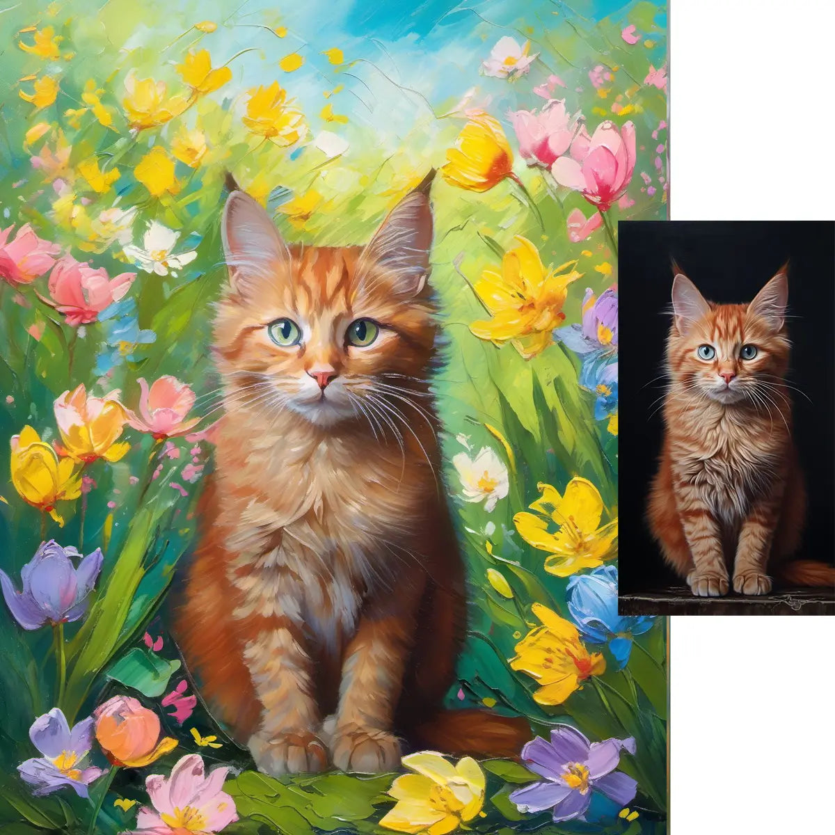 Personalized ginger cat spring floral impasto painting cat lover gift by Tailprints
