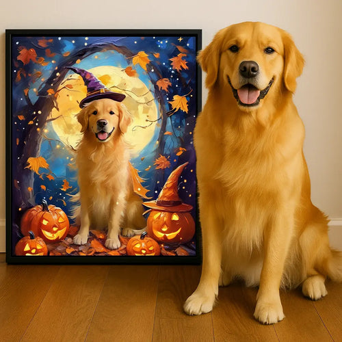 Personalized Golden Retriever framed Halloween portrait with pumpkin decor by Tailprints