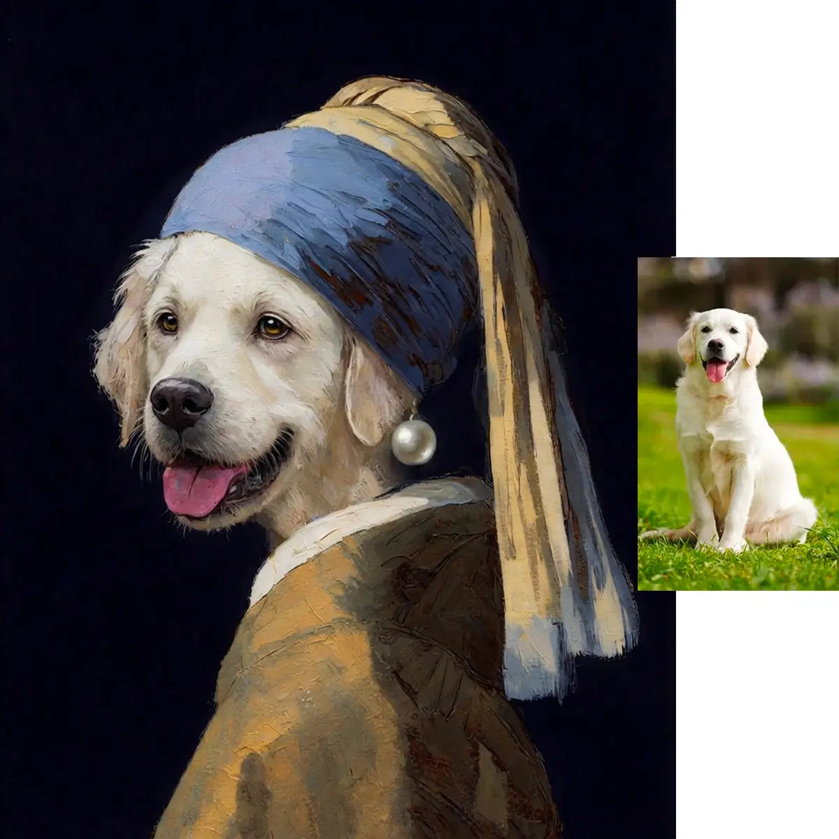 Custom Golden Retriever pearl earring parody painting by Tailprints