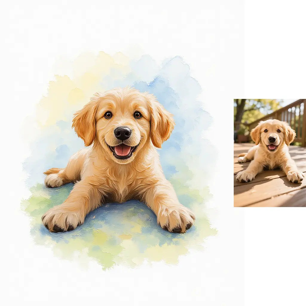Custom Golden Retriever puppy watercolor oil mix painting pet memorial by Tailprints