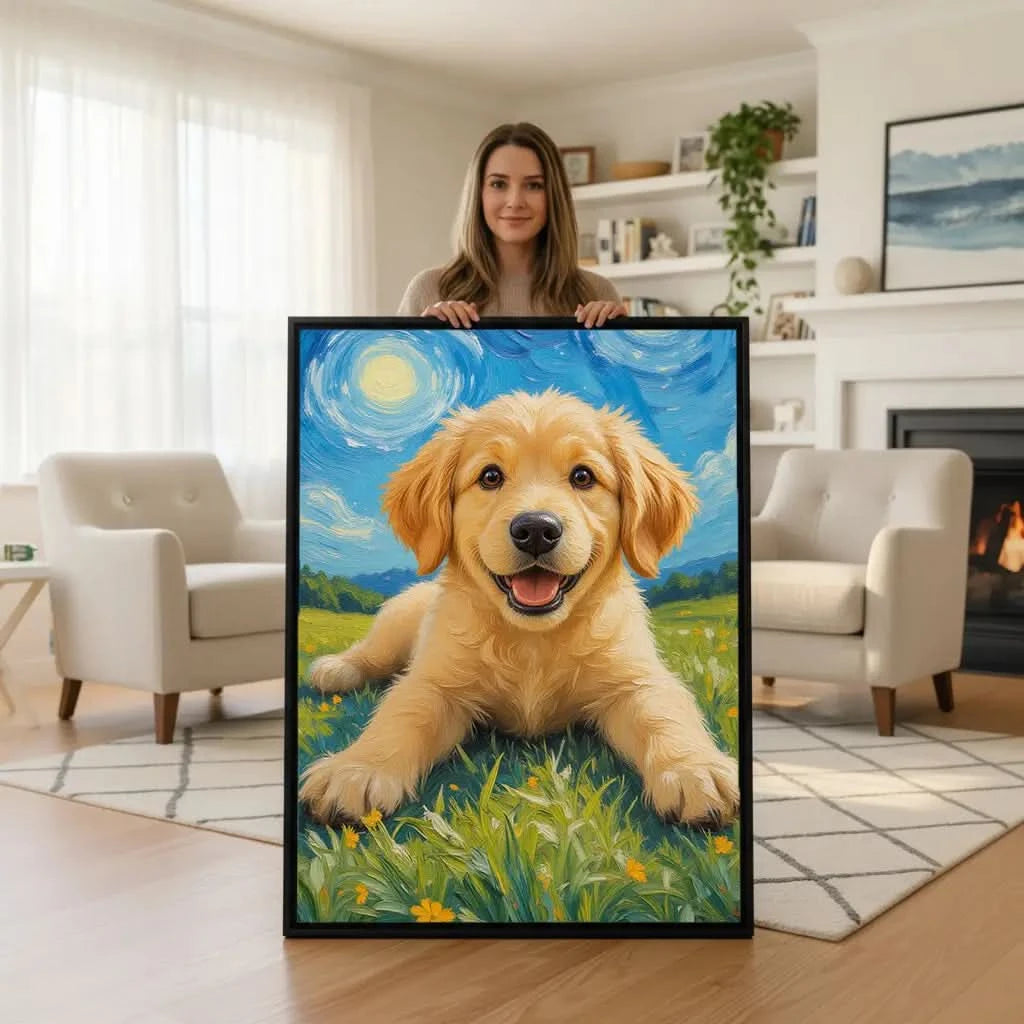 Personalized Golden Retriever Van Gogh art in cozy living room decor by Tailprints