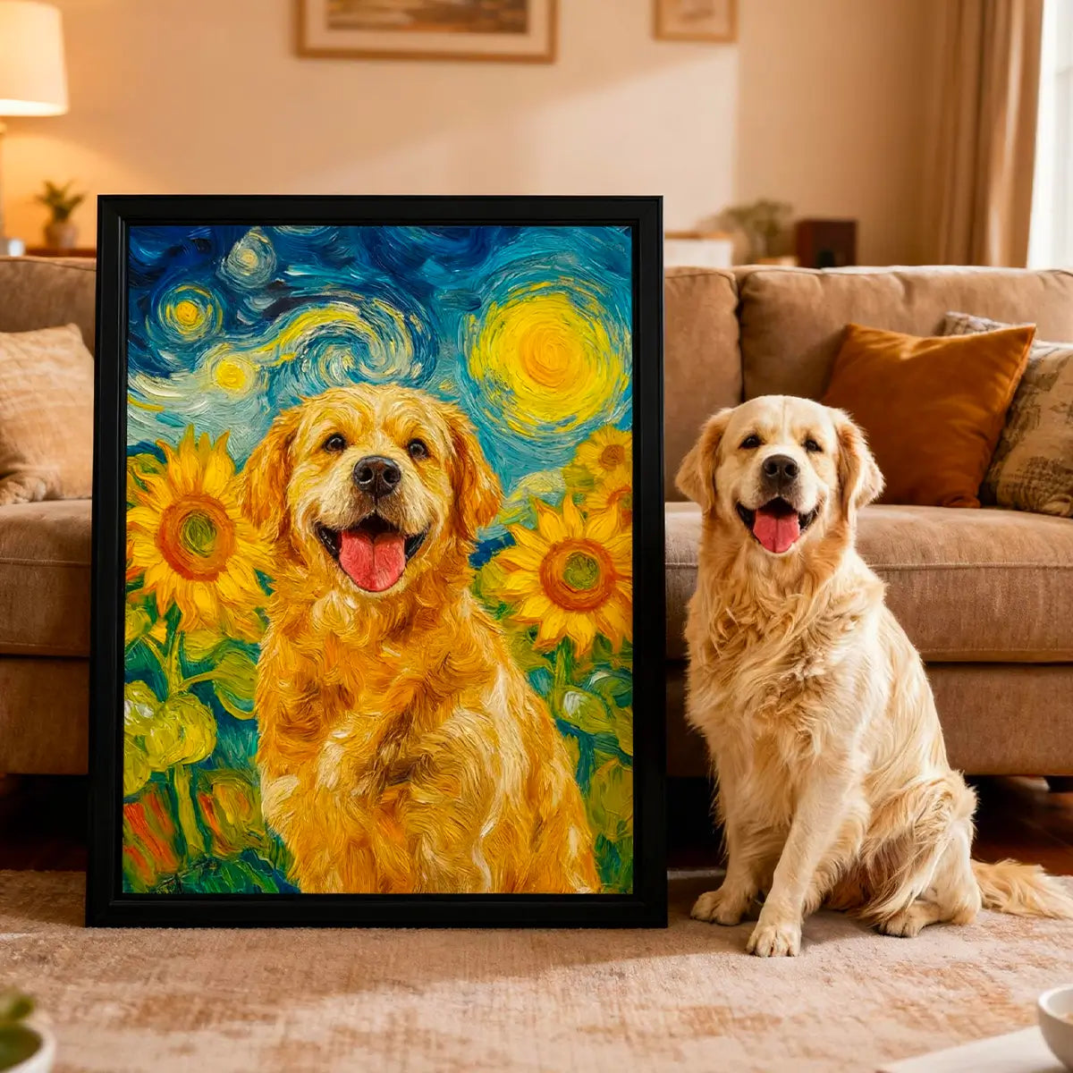 Custom Golden Retriever with Van Gogh sunflower portrait gift idea by Tailprints