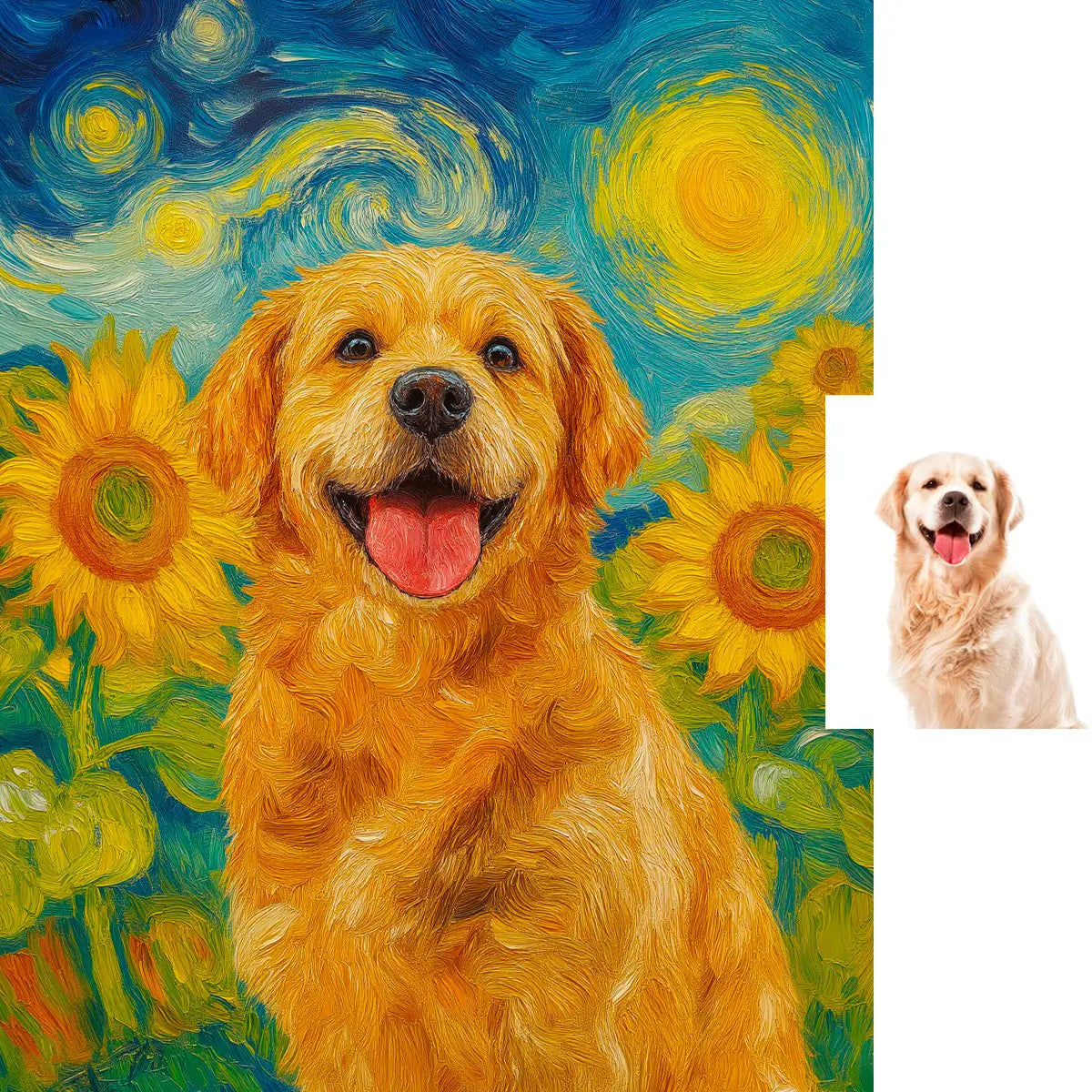 Personalized Golden Retriever Van Gogh sunflowers pet art by Tailprints