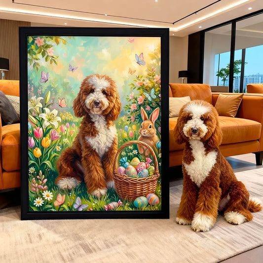Custom Goldendoodle Easter Portrait Framed Art with Real Dog in Living Room by Tailprints