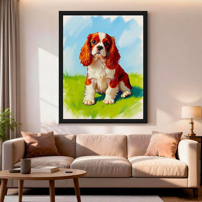 Custom framed King Charles Spaniel impasto painting for living room wall by Tailprints
