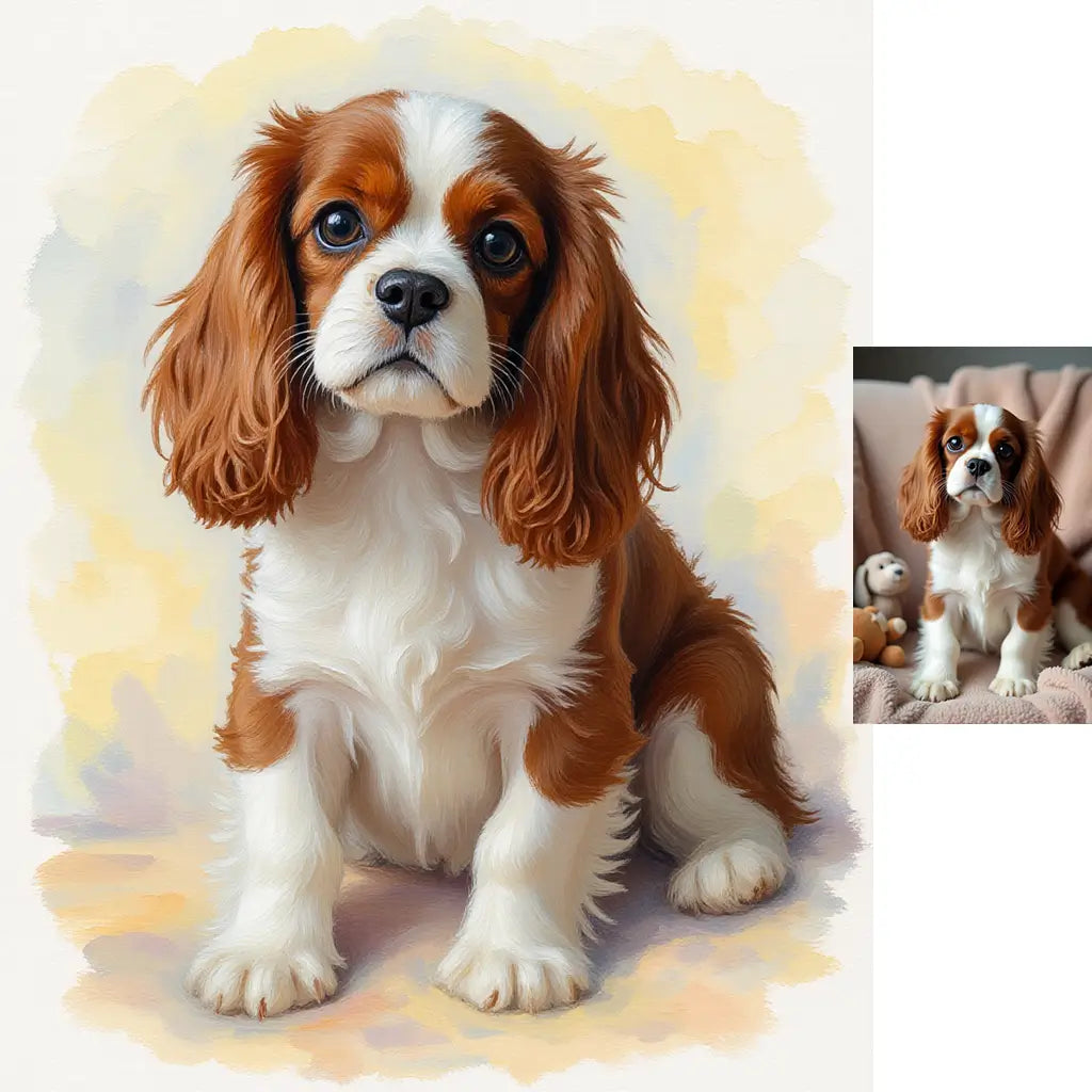 Personalized King Charles Spaniel watercolor oil mix pet portrait by Tailprints