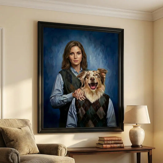 Large framed custom pet and owner wall art for home decor by Tailprints