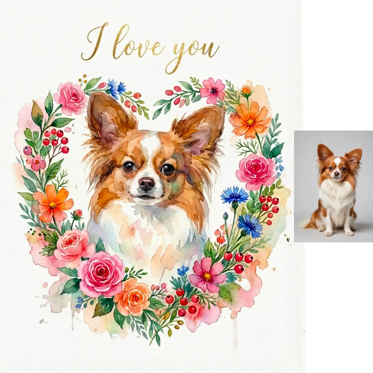 Custom Long-haired Chihuahua Floral Watercolor Portrait Pet Art by Tailprints
