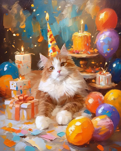 Personalized Longhair Cat Birthday Art with Party Hat by Tailprints