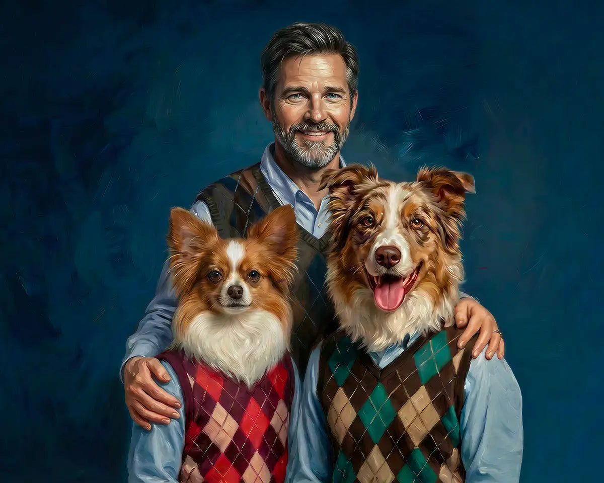 Custom man and two dogs anthropomorphic pet art by Tailprints