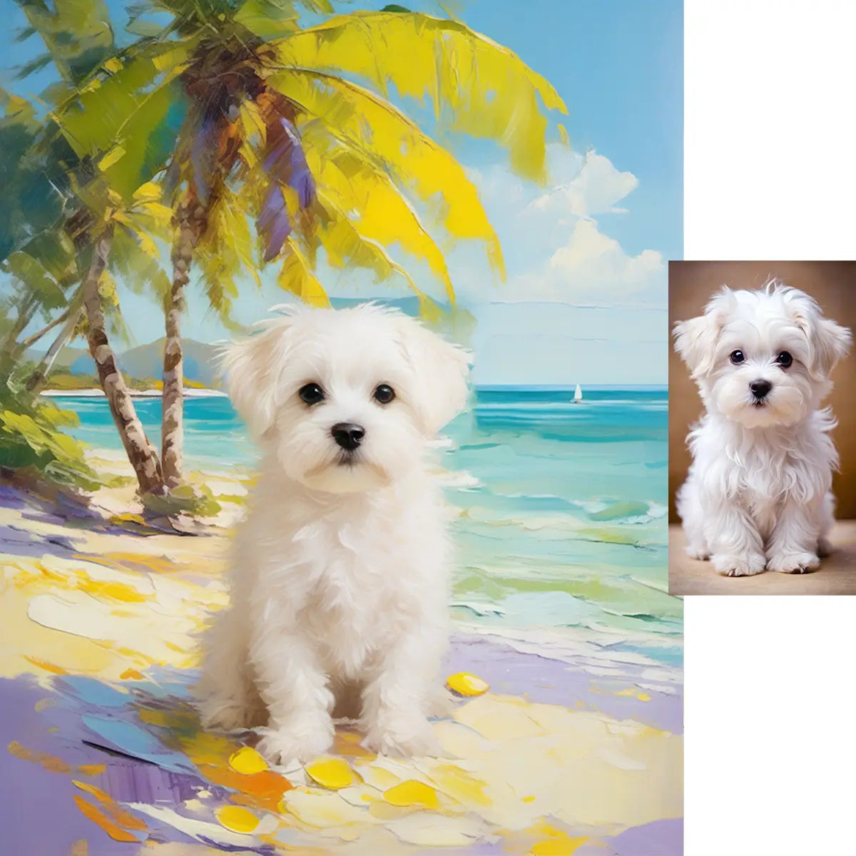 Custom Maltese dog tropical beach oil painting unique pet lover gift by Tailprints
