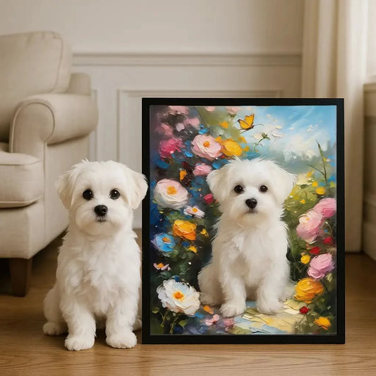 Custom Maltese Portrait in Monet Style Floral Oil Painting by Tailprints.