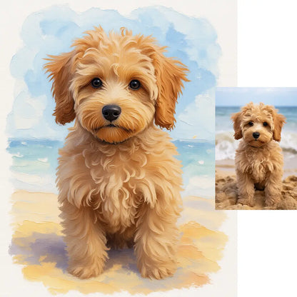 Personalized Maltipoo dog beach theme watercolor oil mix wall art by Tailprints