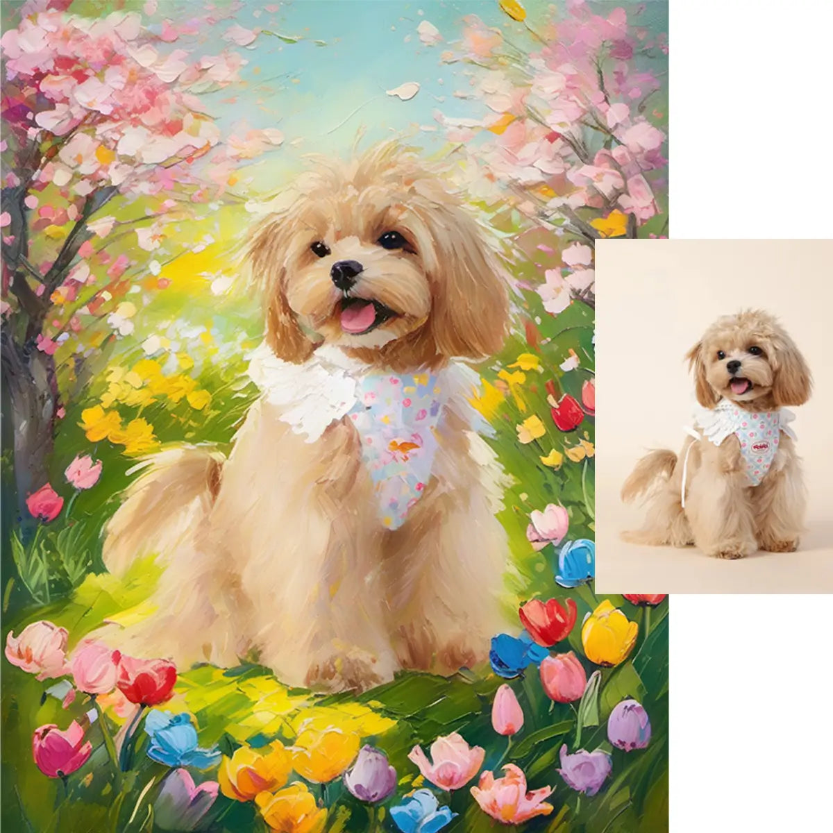 Personalized Maltipoo dog spring flower garden impasto oil painting by Tailprints
