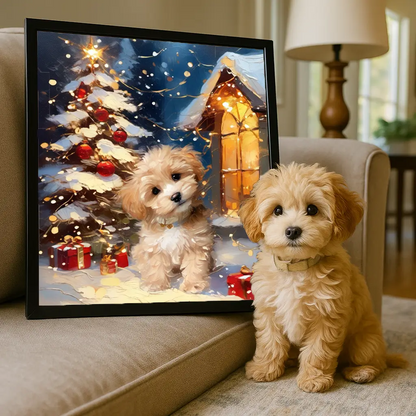 Personalized Maltipoo puppy framed Christmas art for festive home decor by Tailprints