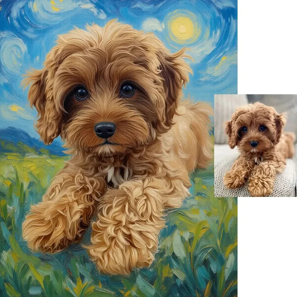 Custom Maltipoo Van Gogh impressionist pet portrait unique canvas gift by Tailprints