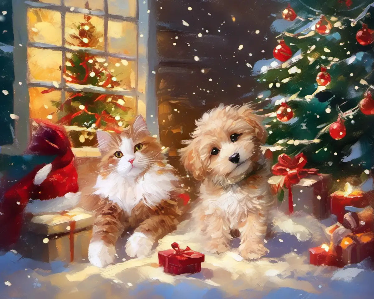 Custom multi-pet Christmas family portrait on canvas for holiday gift by Tailprints