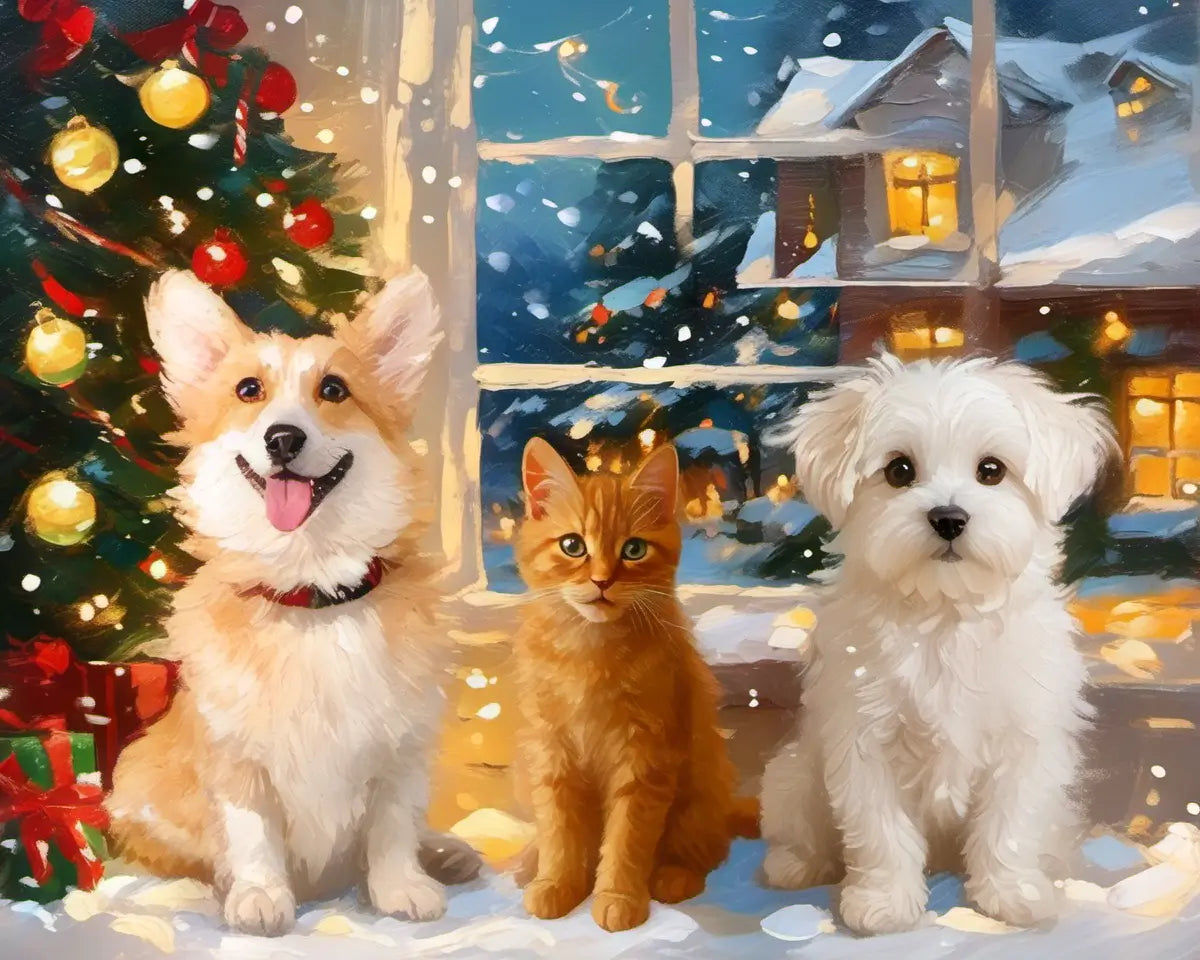 Custom multi-pet Christmas family portrait on canvas for holiday gift by Tailprints
