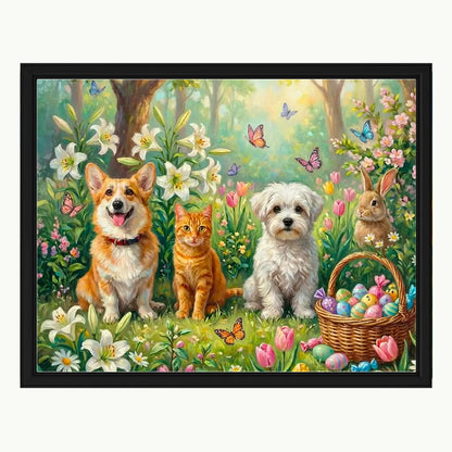 Personalized Multi-pet Easter Egg Hunt Portrait in Blooming Spring Forest by Tailprints