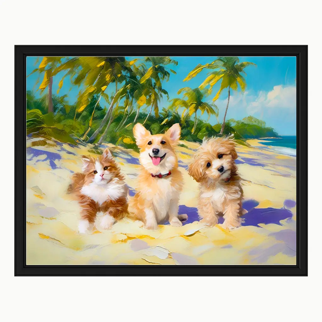 Personalized multi-pet summer beach group portrait on canvas by Tailprints