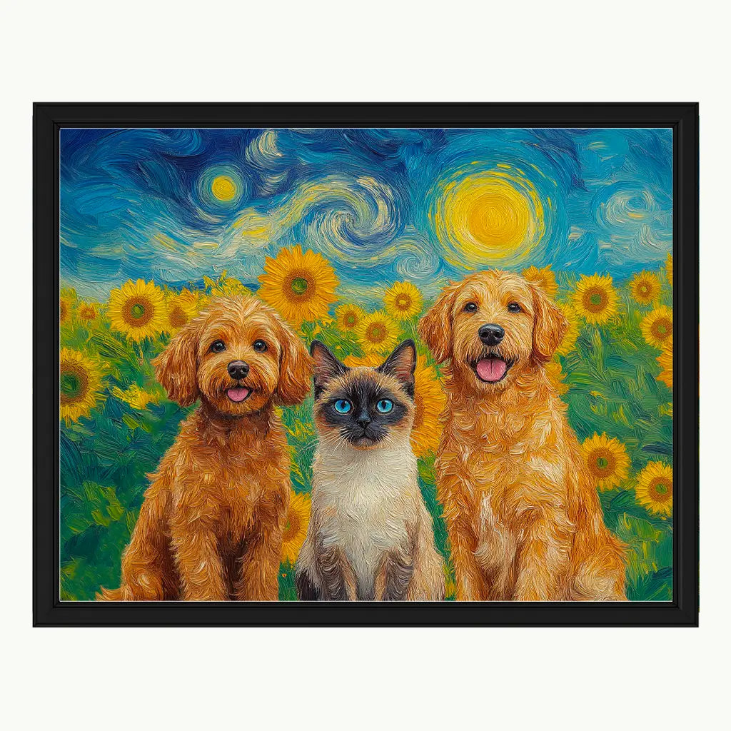 Personalized dogs and cat Van Gogh sunflower group portrait by Tailprints