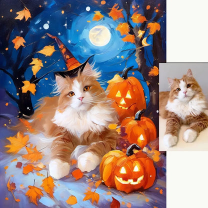 Custom Orange Tabby Cat Halloween Witch Painting by Tailprints
