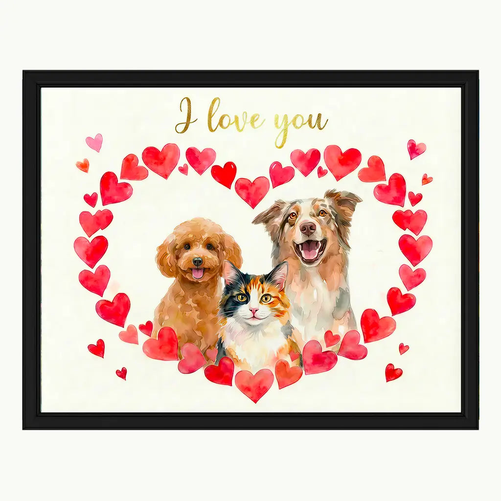 Personalized multi pet watercolor art cats dogs hearts by Tailprints.