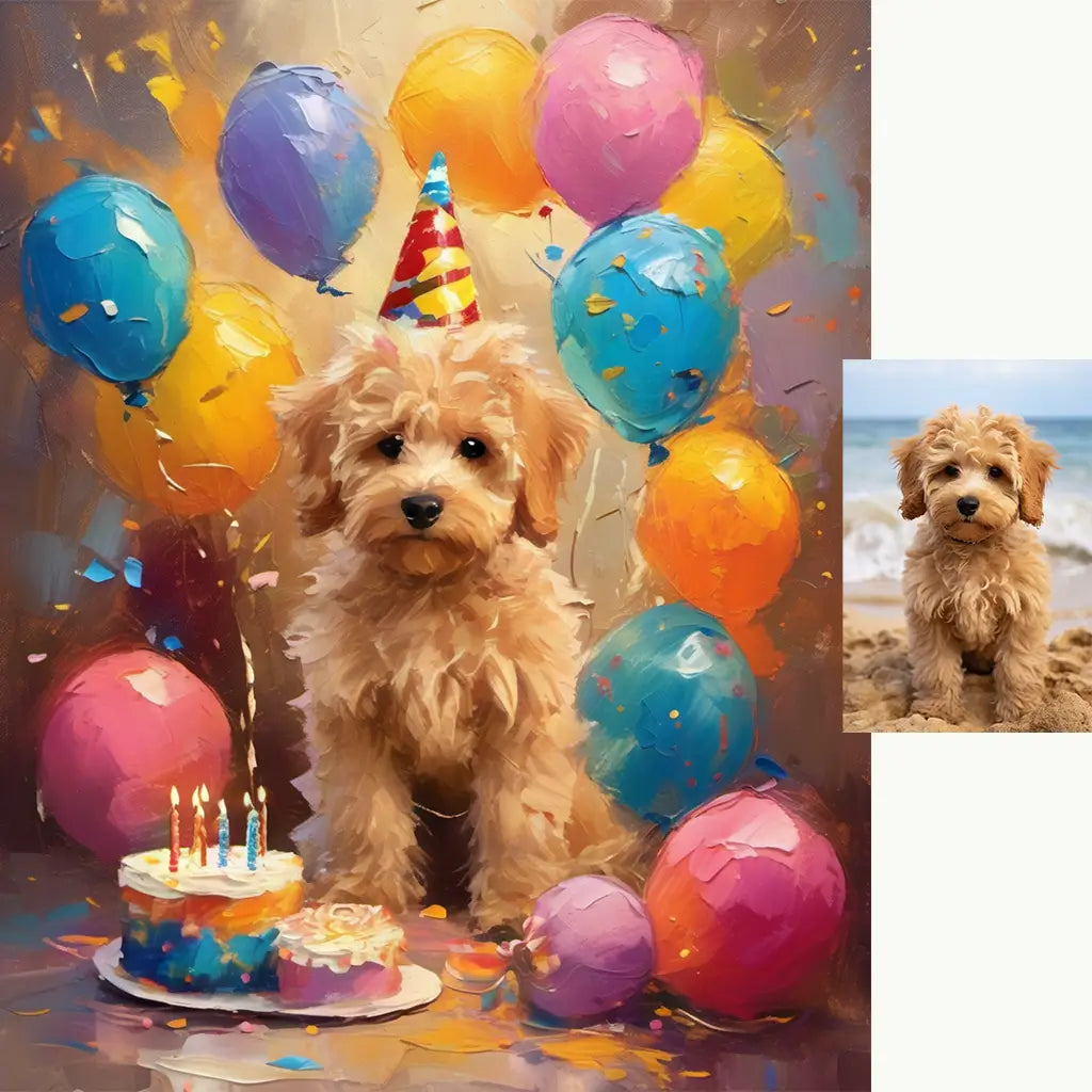 Custom Poodle Puppy First Birthday Celebration Art by Tailprints