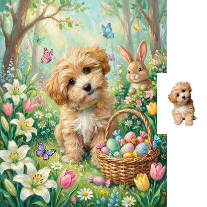 Custom Puppy's First Easter Portrait Comparison with Spring Flowers and Bunny by Tailprints