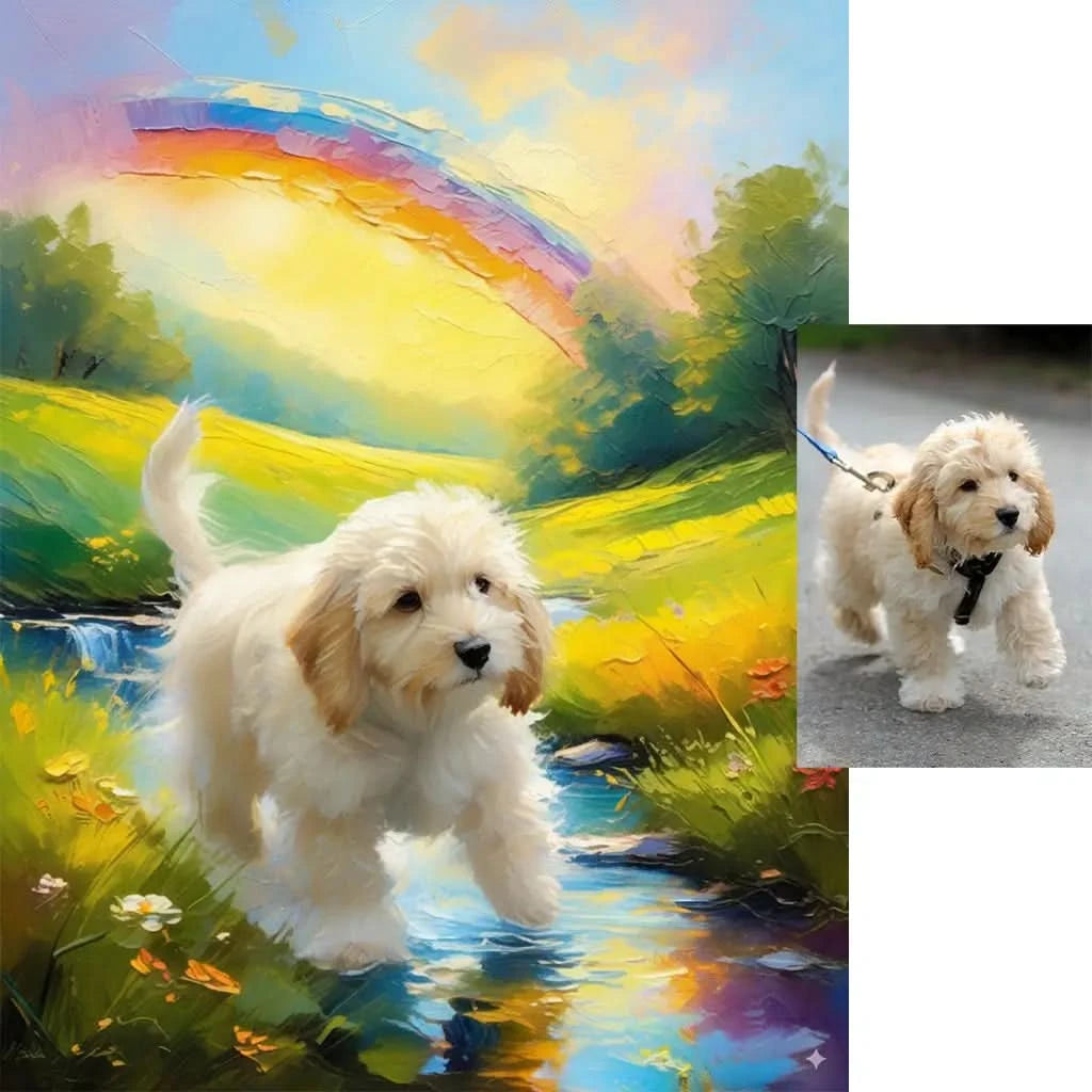 Personalized puppy rainbow bridge stream oil painting pet memorial by Tailprints