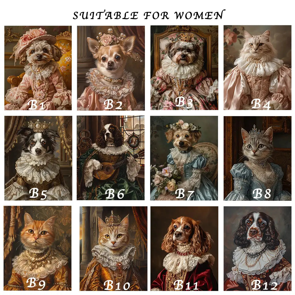 Personalized Royal Pet Portraits for Women featuring vintage queen styles by Tailprints.
