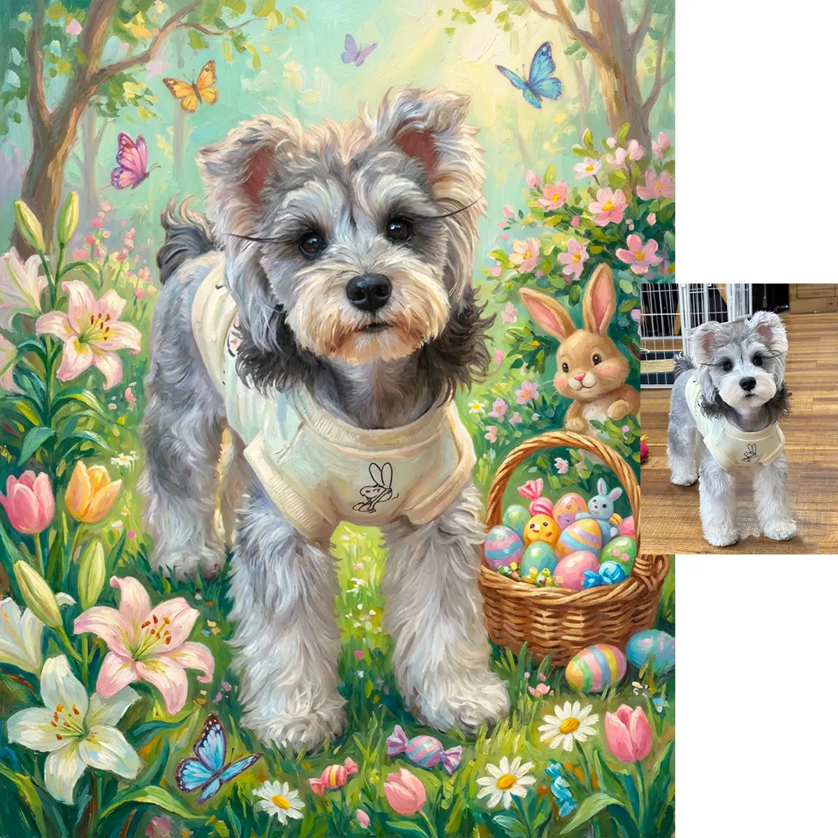 Custom Schnauzer Easter Watercolor Portrait with Bunny by Tailprints
