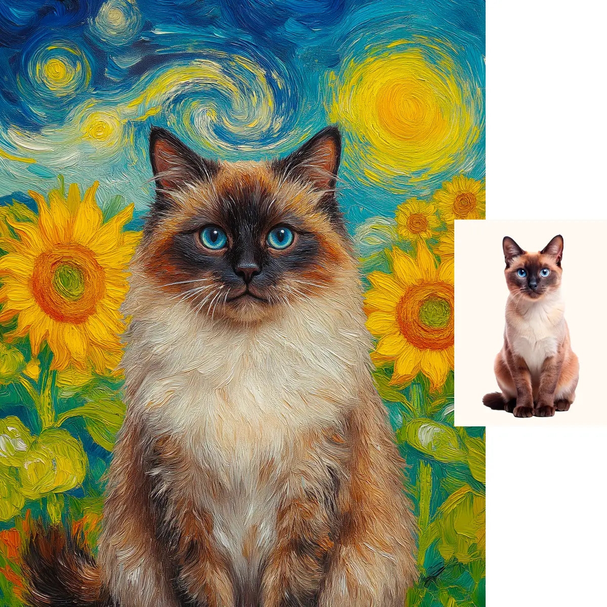 Custom Siamese cat Van Gogh Starry Night sunflower portrait by Tailprints
