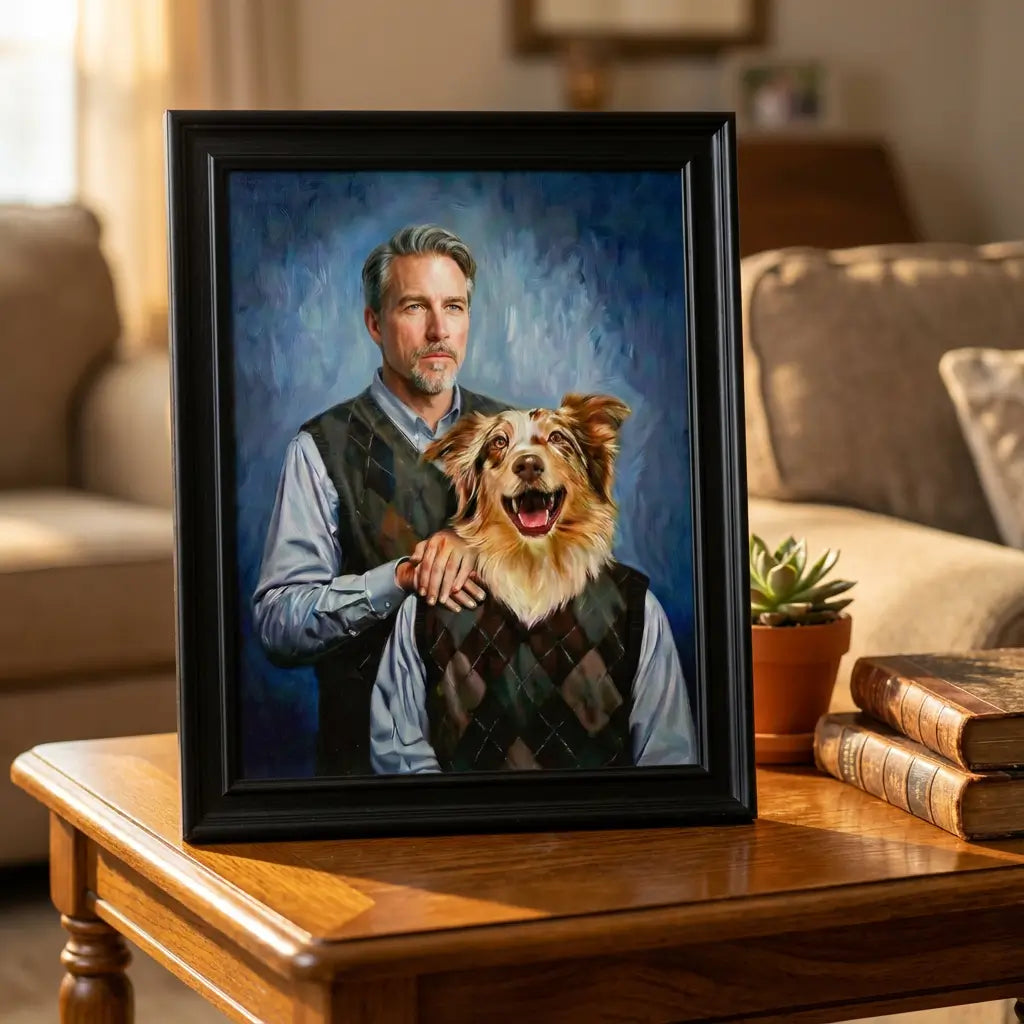Framed personalized dog and owner portrait for office desk gift by Tailprints