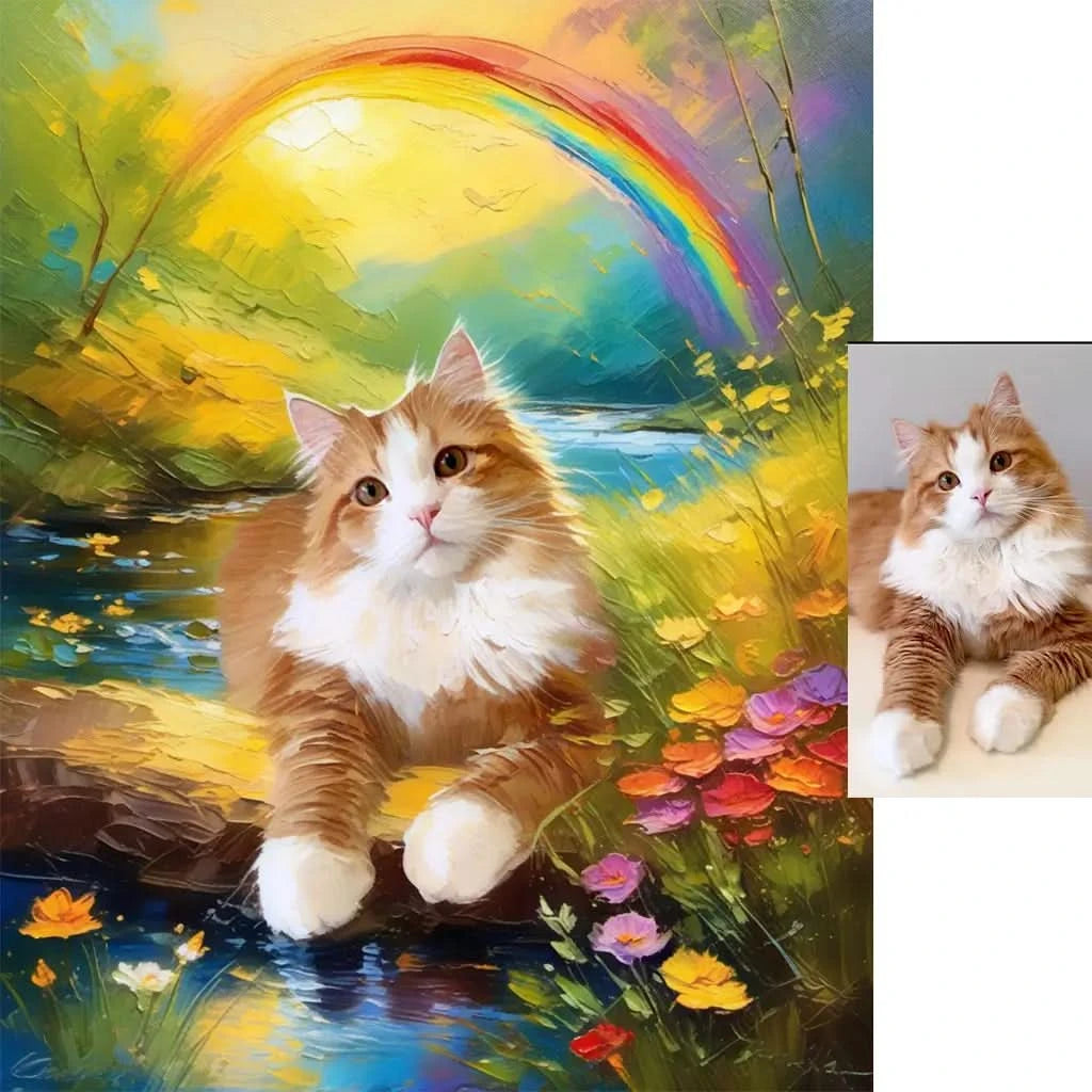 Custom tabby cat rainbow bridge forest scene memorial painting by Tailprints