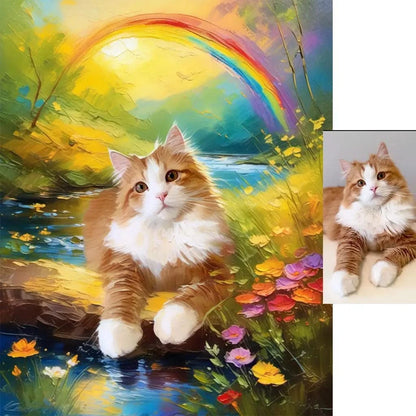 Custom tabby cat rainbow bridge forest scene memorial painting by Tailprints