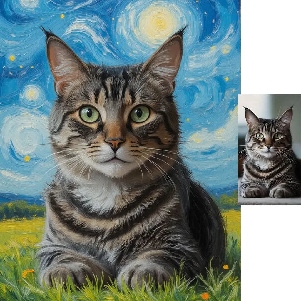 Personalized tabby cat Van Gogh style starry sky painting cat lover gift by Tailprints